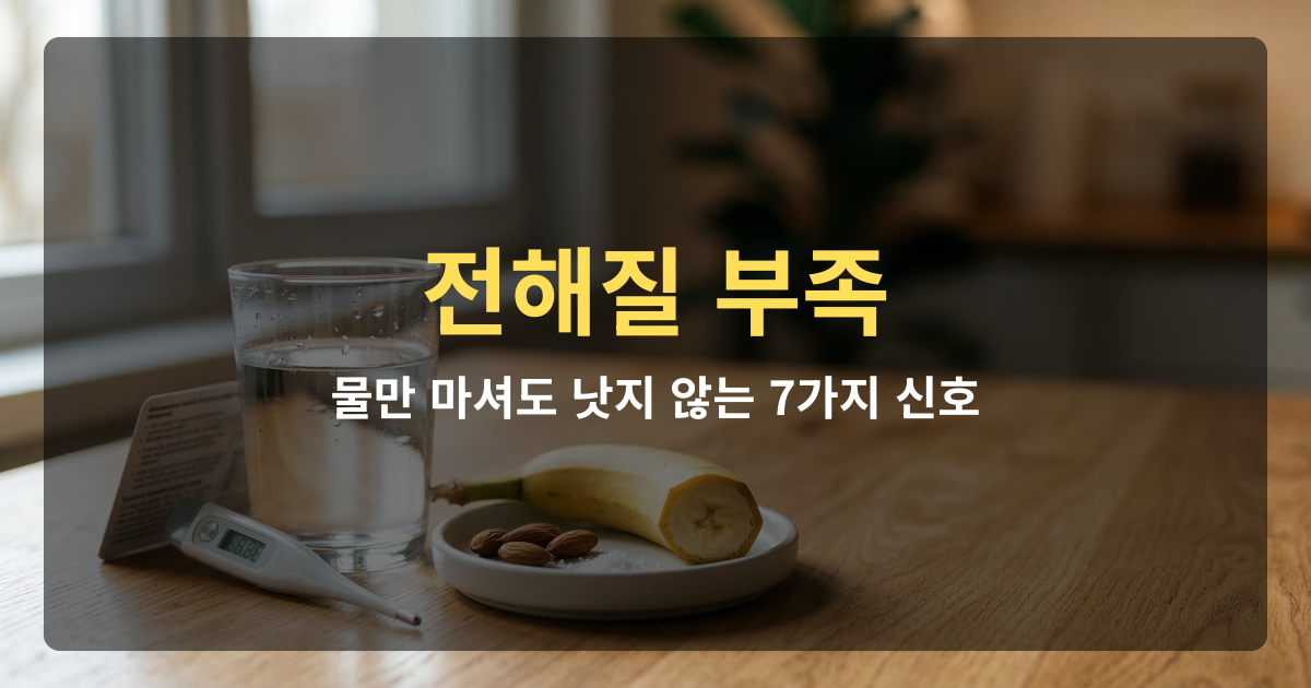 전해질 부족 증상을 나타내는 물컵과 천연 미네랄 식품이 놓인 건강 라이프스타일 사진