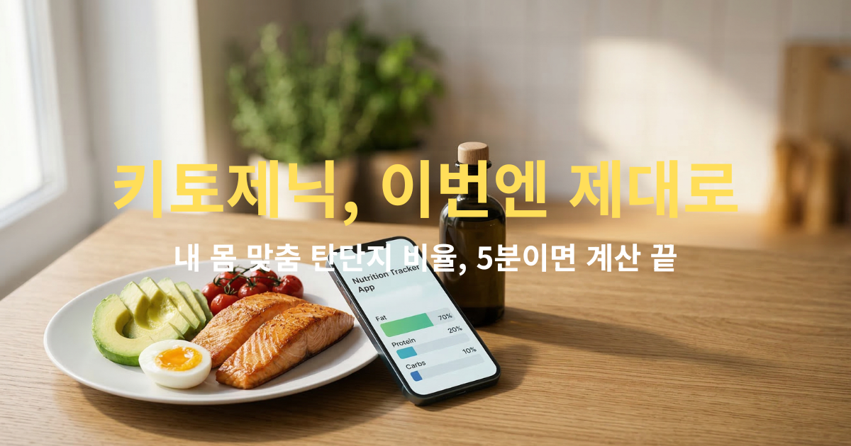 키토제닉 식단 계산기로 탄단지 비율을 확인하는 스마트폰과 아보카도·연어가 담긴 저탄고지 한 끼 식사