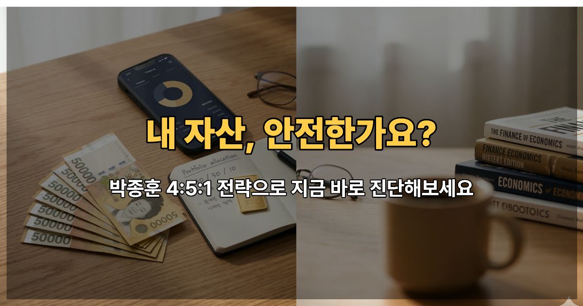 박종훈 포트폴리오 4:5:1 자산 배분 전략을 설명하는 원화, 금, 스마트폰이 놓인 책상 위 재테크 세팅
