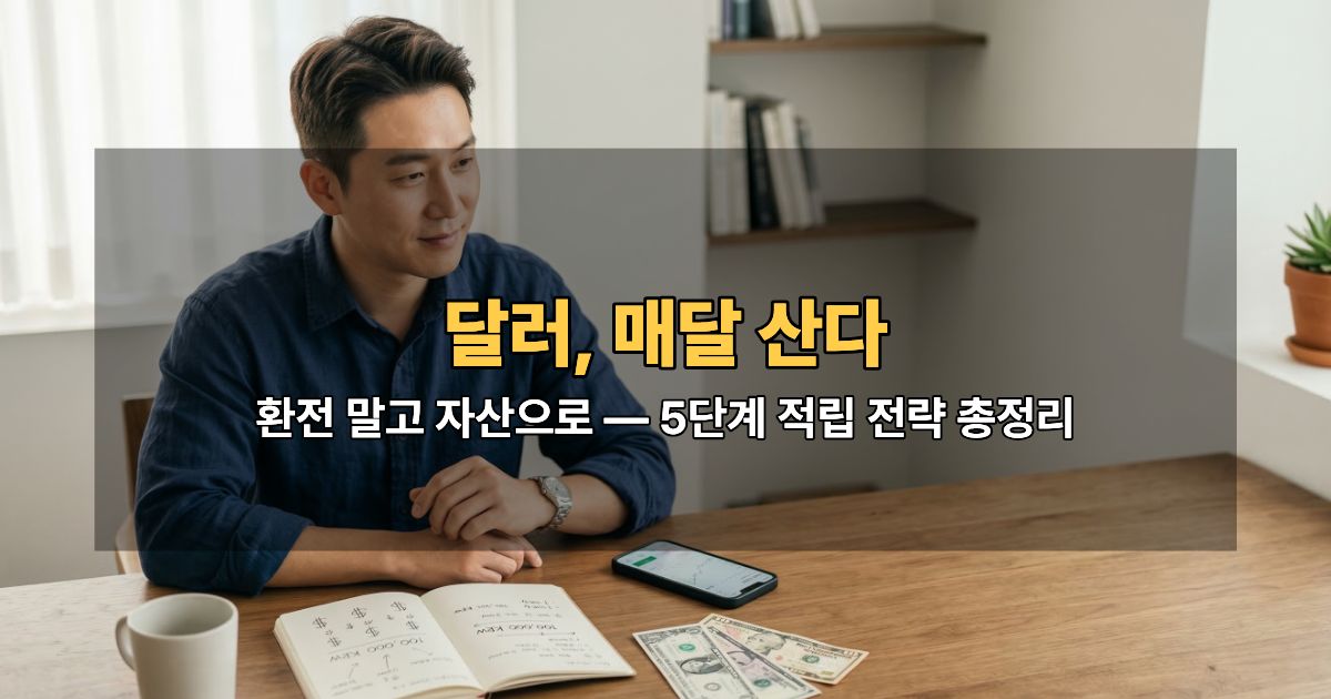 달러 적립식 투자 전략을 계획하는 30대 직장인의 책상 위 노트와 달러 지폐